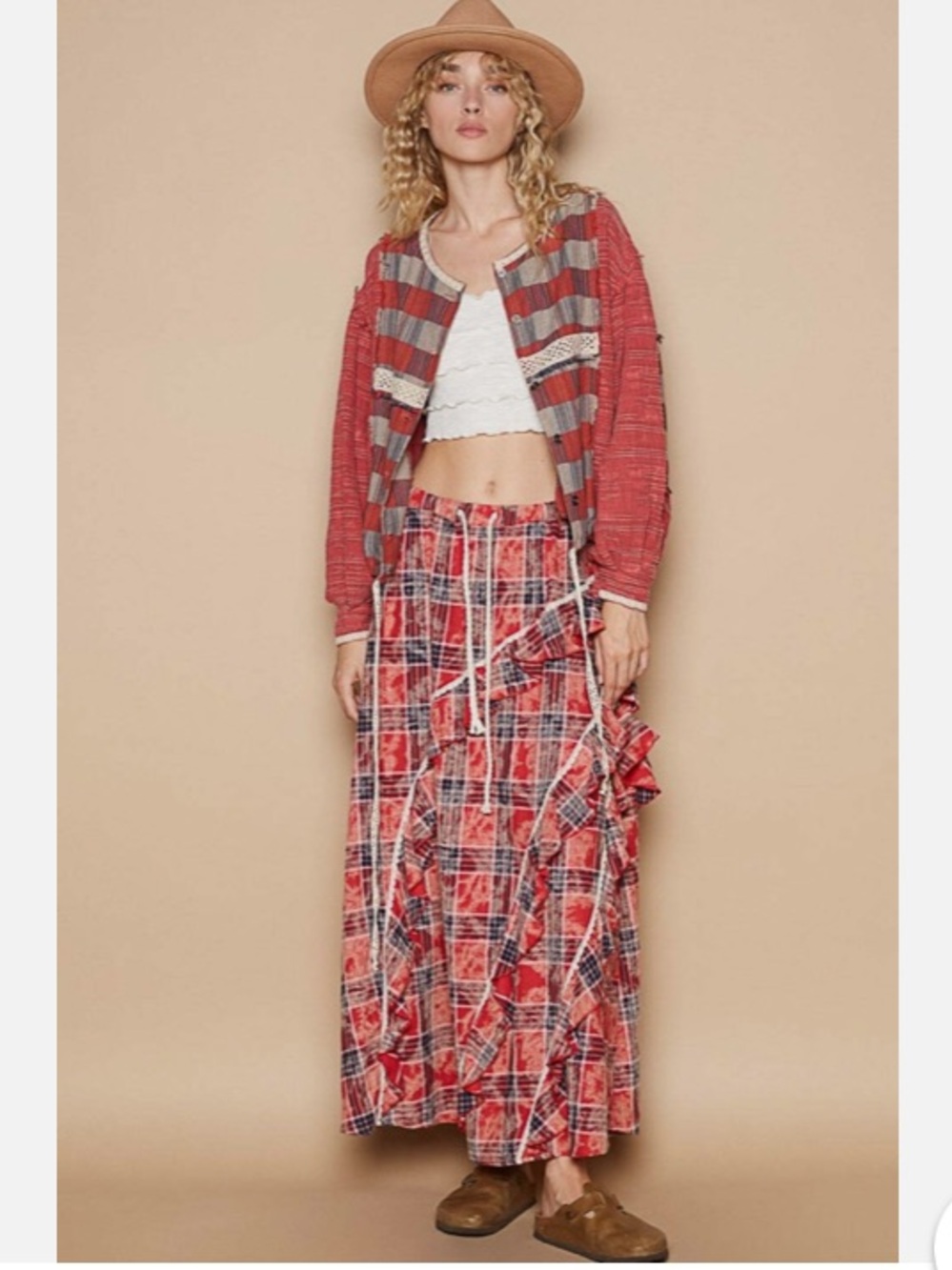 POL Clothing Red Plaid Ruffle Maxi Skirt Boho Tiered Size M NWT